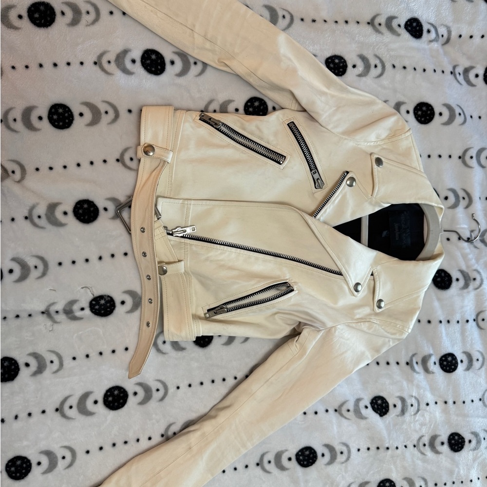 Kendall & Kylie Cream Leather Moto Jacket